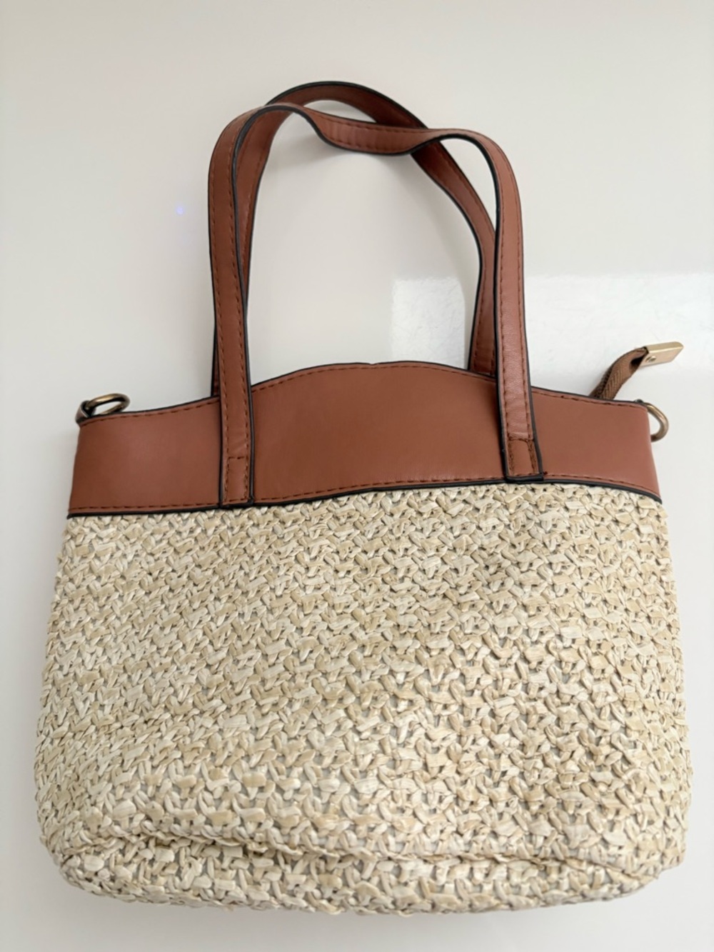 Faux Leather & Woven Straw Small HandBag Brown & Cream, zipper closure No strap - Picture 2 of 10